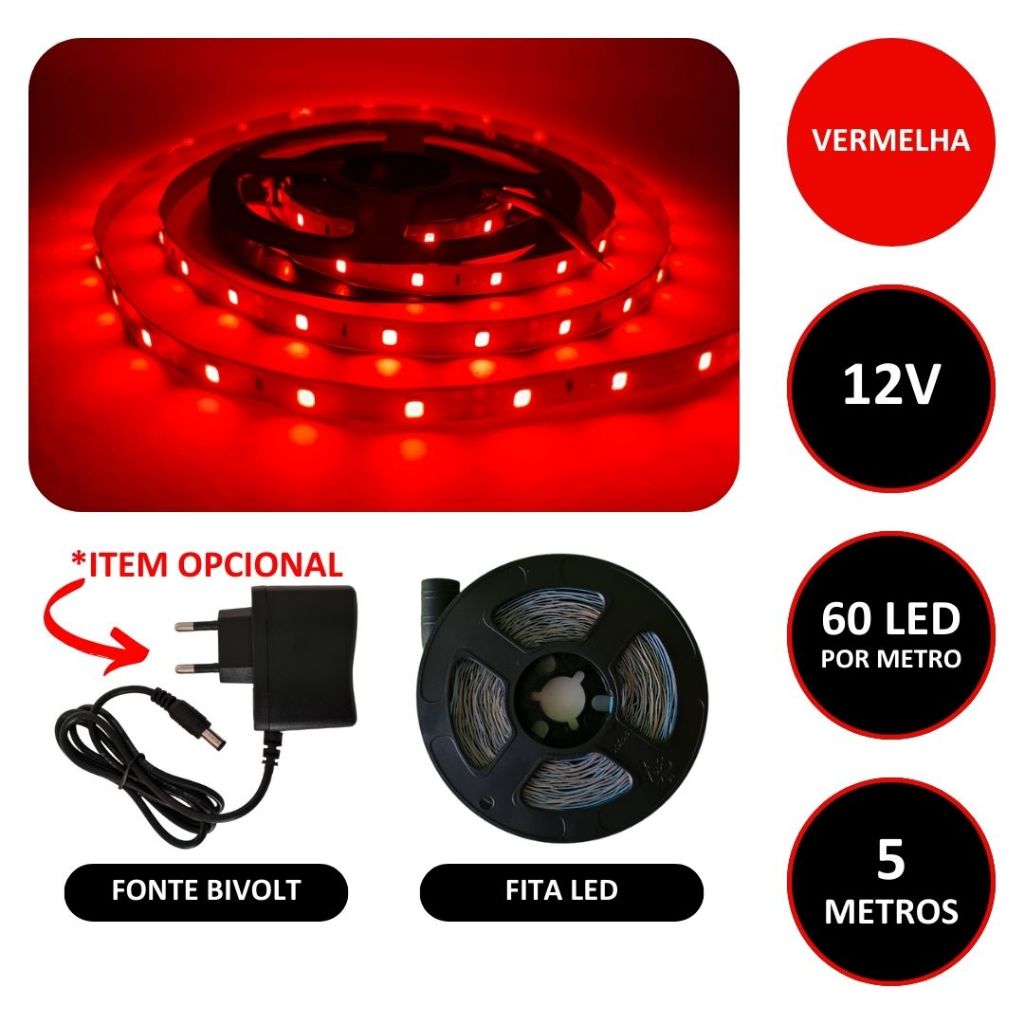 Fita LED 12v 3528 Vermelha 60 LED/m 5 Metros IP20 Sem Silicone em Oferta na Shopee