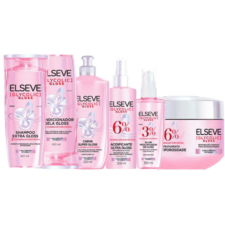 KIT ELSEVE GLYCOLIC GLOSS LORÉAL COMPLETO 6 ITENS - SH/CD 400ML, CR PENTEAR, MÁSCARA, SÉRUM E ACIDIFICANTE - 6 ITENS