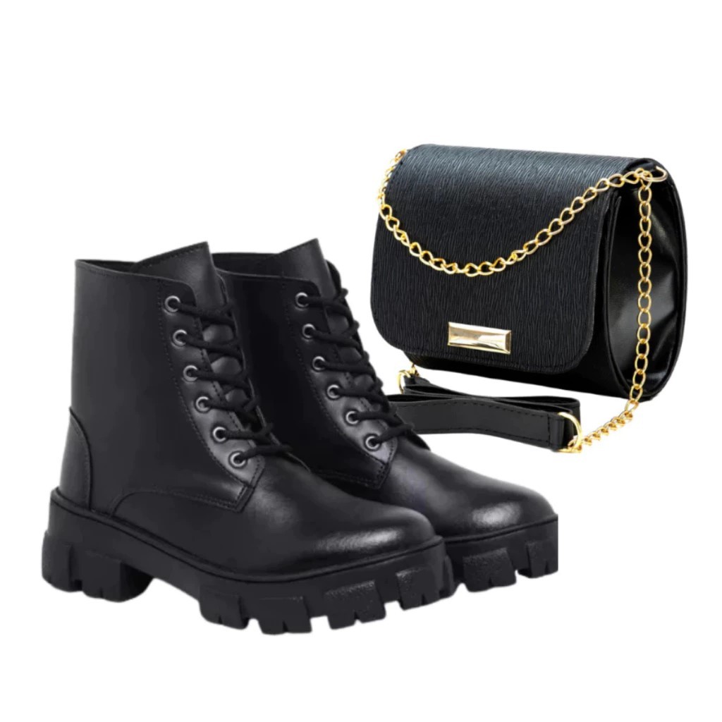 Bota Feminina Coturno Feminina Blogueira Estilo Militar Tratorada Promoção + Bolsa