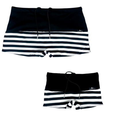 Kit Tal Pai Tal Filho Sunga Boxer Moda Praia Forrada Cordão Ponteira Maritimo Preto e Listras Pretas Proteção