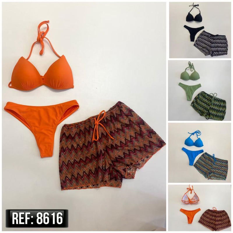 biquini com shorts 3 peças triquini conjunto 3 peças P M G GG moda praia em Oferta na Shopee