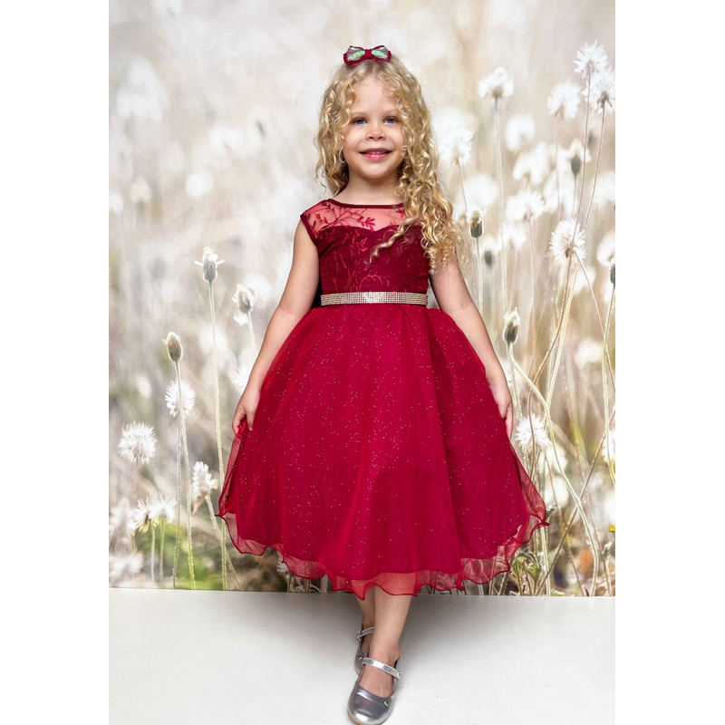 Vestido Infantil Realeza Vermelho Marsala Festa Casamento Daminha Formatura Com Tiara