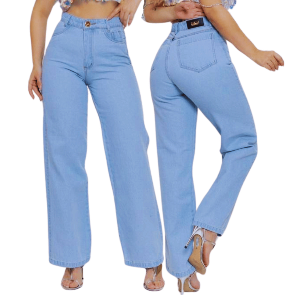 Calça Jeans Feminina Wide Leg Pantalona Cintura Alta Cristal Lisa Com Bolso Lateral