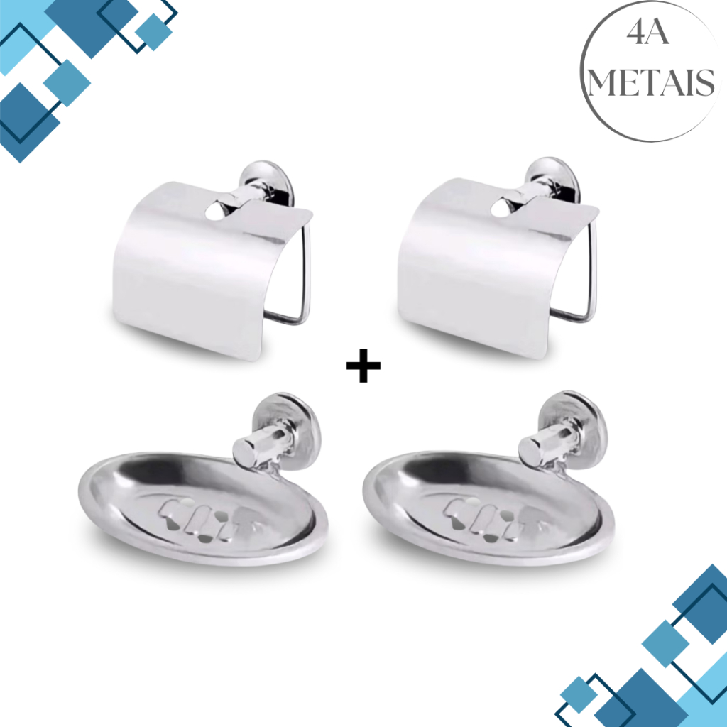 Kit Acessórios para banheiro 4 Peças com porta papel higienico, e saboneteira, porta sabonete em alumínio e inox