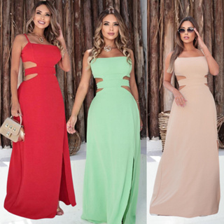 Vestido Feminino Longo Tecido duna Fenda Lateral Elegante Alcinha Confortável Recorte Na Cintura em Oferta na Shopee