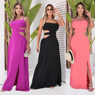 Vestido longo Feminino Alças Ajustável Com Bojo Fenda na Perna Tendencia em Oferta na Shopee