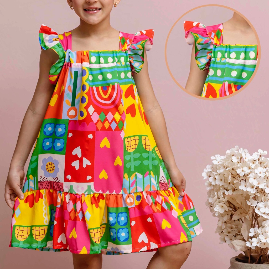 Vestido Infantil Estampado Colorido Bloguerinha Luxo Casual Delicado