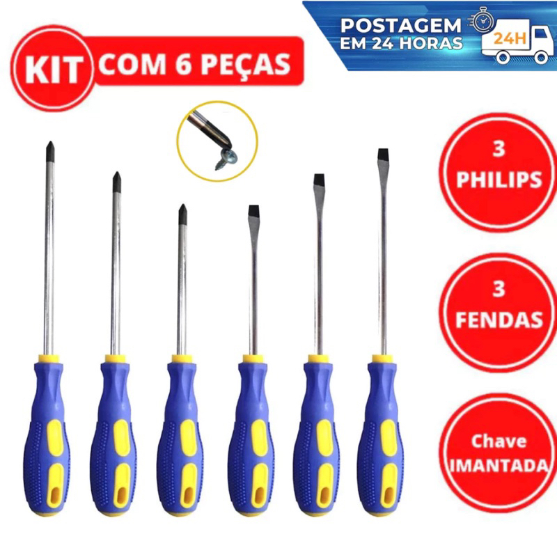 Kit Jogo De Chave de Fenda e Phillips simples em aço Ponta imantadas e cruzada Cabo emborr...