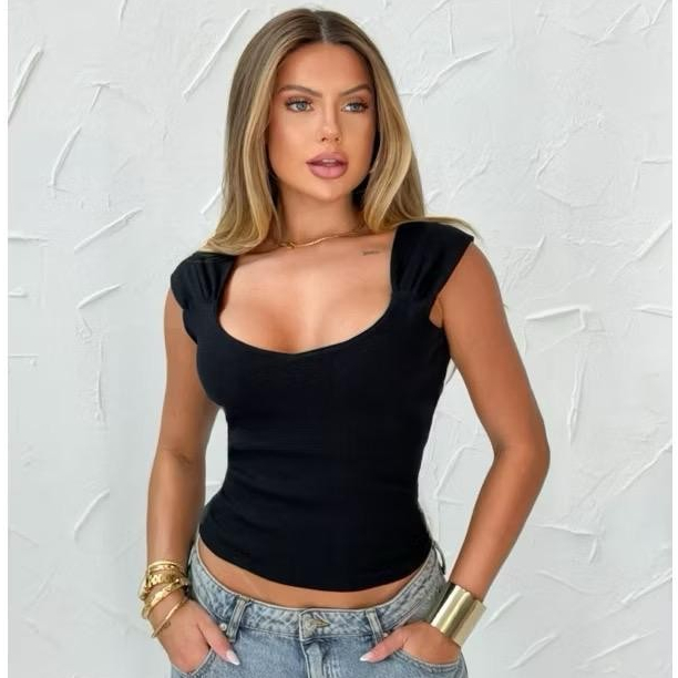 Blusa Feminina Regata Alça Larga Plissada Ribana Canelada Básica e Elegante Blusinha Decote Quadradolassicaechic