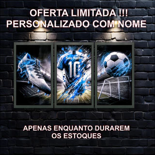 Kit 3 Quadros Decorativos Infantil Futebol, Personalizado com Nome, Camisa, Chuteira, Bola, Quarto