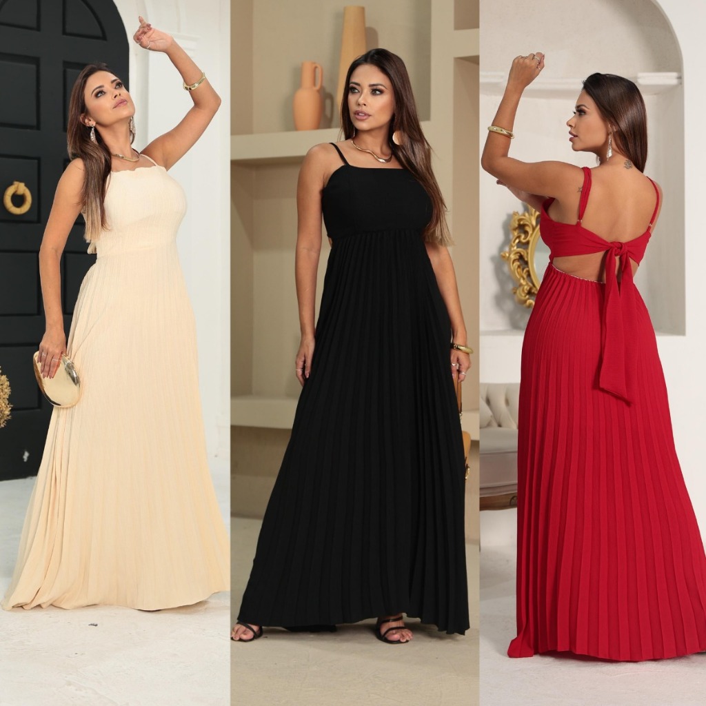 Vestido Feminino Longo Tecido Duna Plizado Envio Imediato
