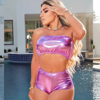 Hot Pants Conjunto Carnaval 2025 Metalizado com Top Tomara que Caia em Oferta na Shopee