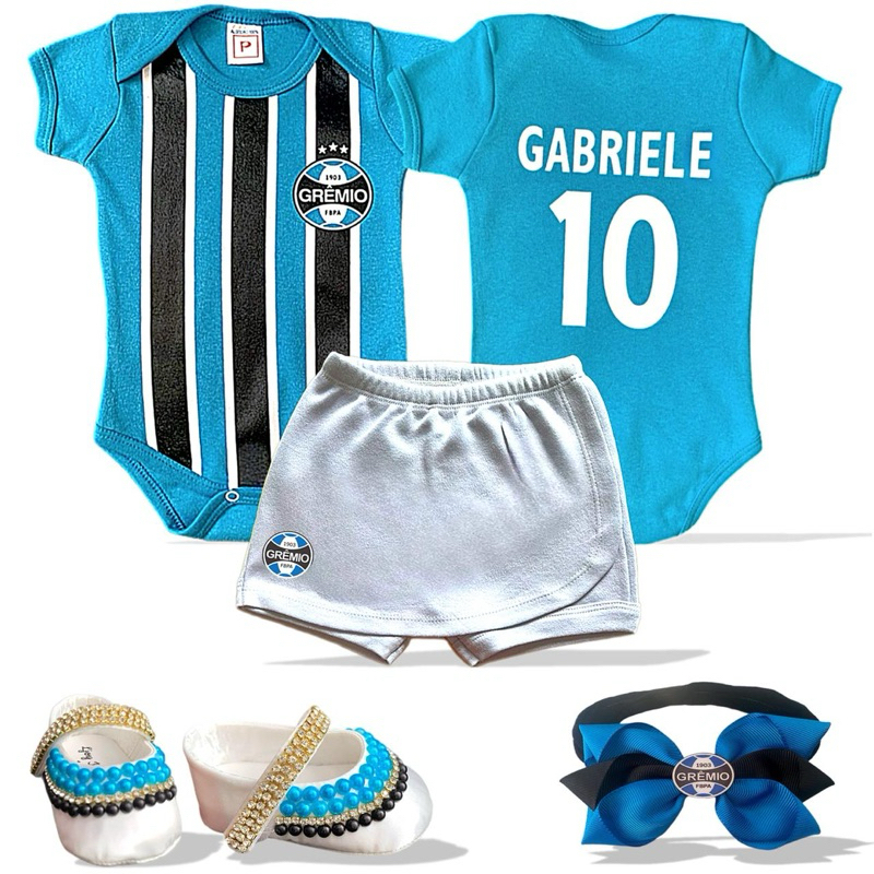 Enxoval de Bebê Menina Grêmio Nome Personalizado: Body Shortinho-Saia Tiara e Sapatinho de Pérolas