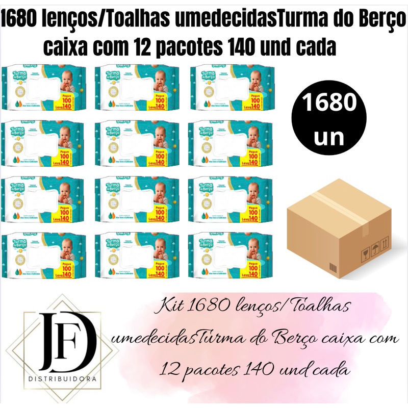 Kit 1680 lenços/Toalhas umedecidas Turma Do Berço caixa com 12 pacotes 140 und cada