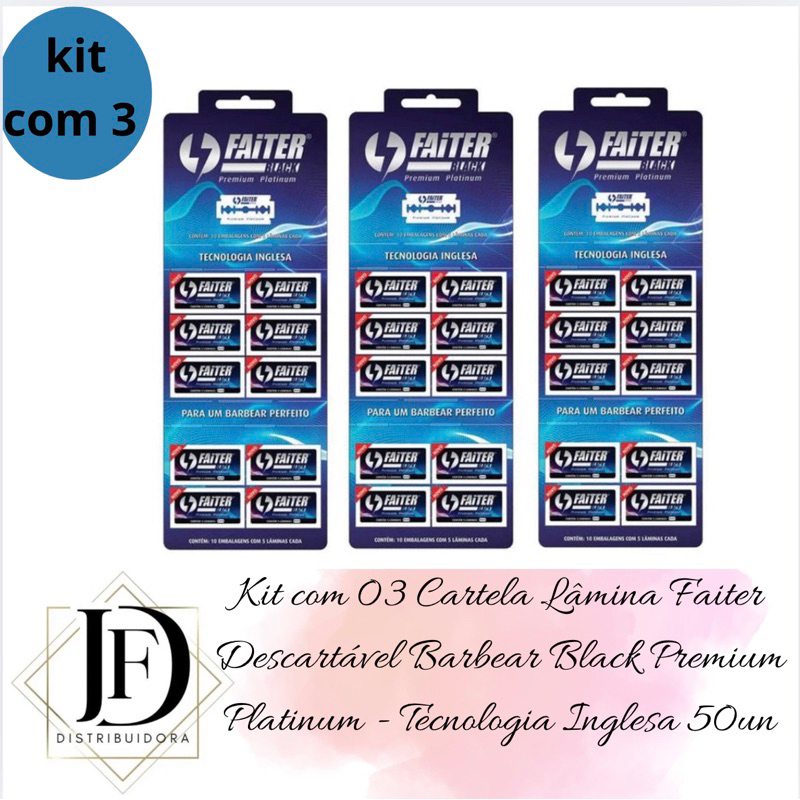 Kit com 03 Cartela Lâmina Faiter Descartável Barbear Black Premium Platinum - Tecnologia Inglesa 50un