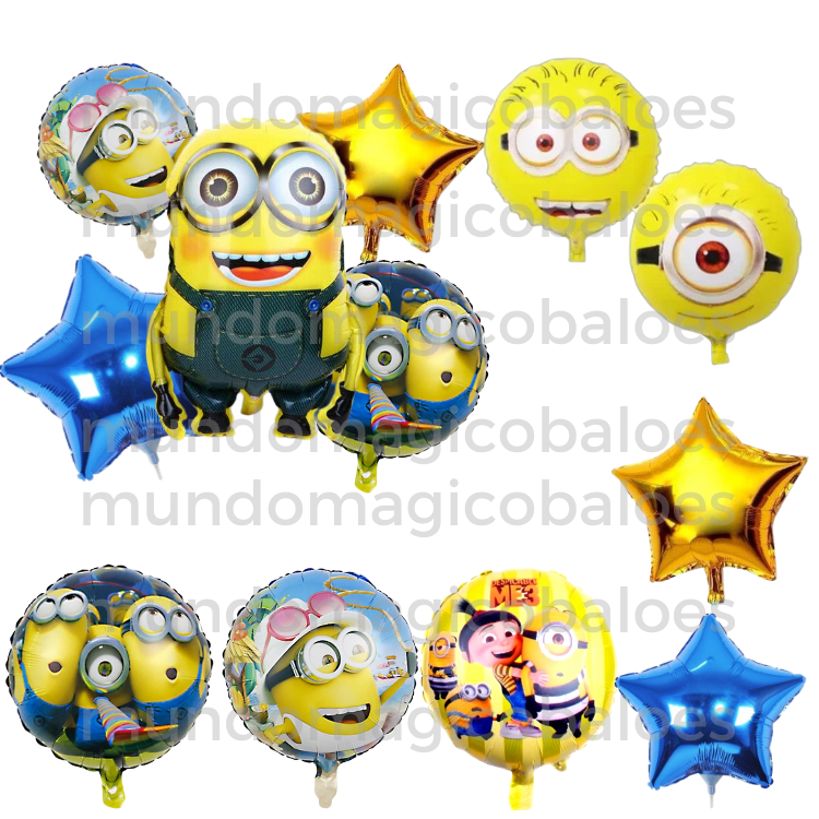 Kit 5 Balão Minions Meu Malvado Favorito Gru + Balão Redondo Minion + Estrela