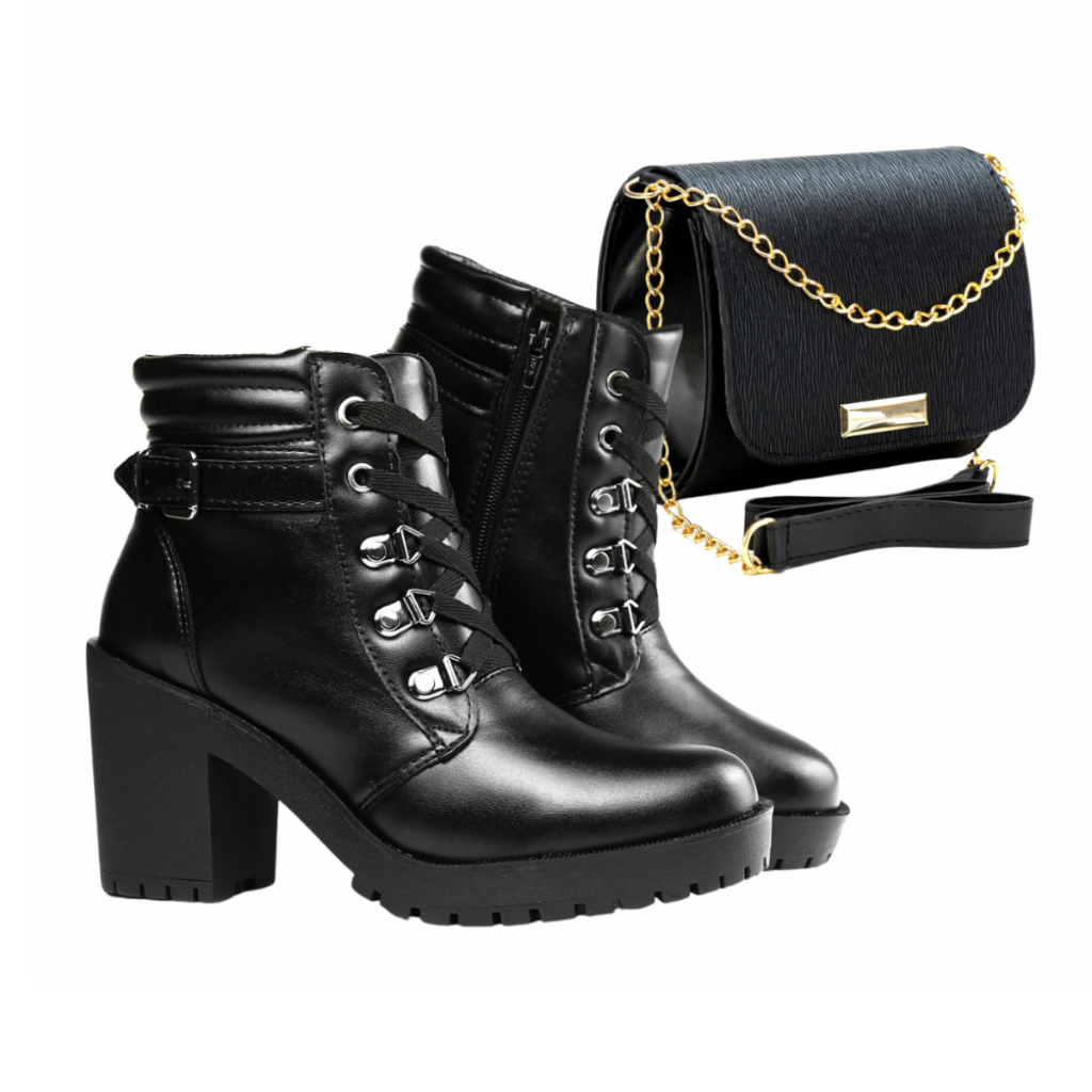 Bota Coturno Feminino Salto Alto Cano Liso Curto Tratorado Confortável Leve e Estiloso + Bolsa