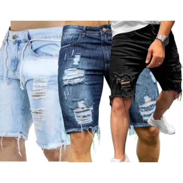 Kit com 3 Bermudas Jeans Destroyd Shorts Rasgado Masculino Bermudinha Jeans Rasgadinha Envio Hoje