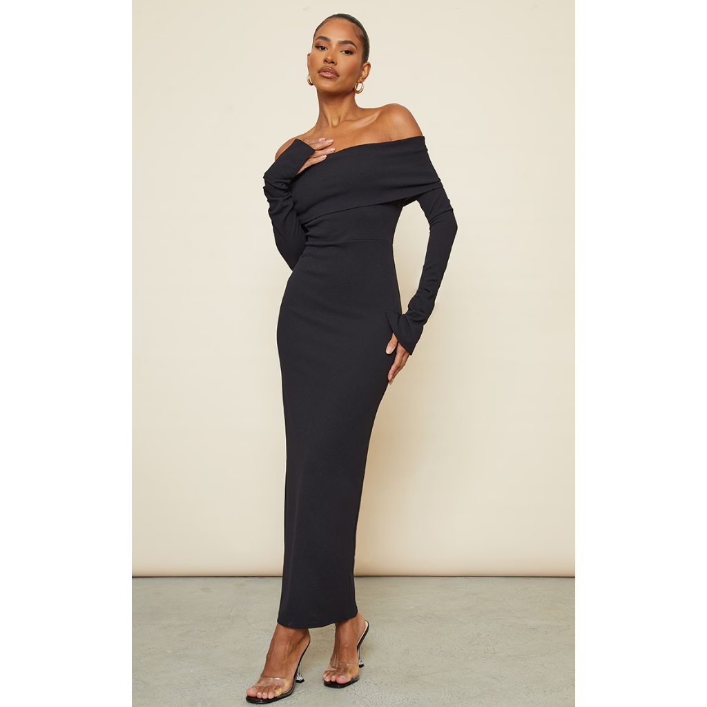 Vestido Midi Ombro A Ombro Manga Longa Sem Transparência