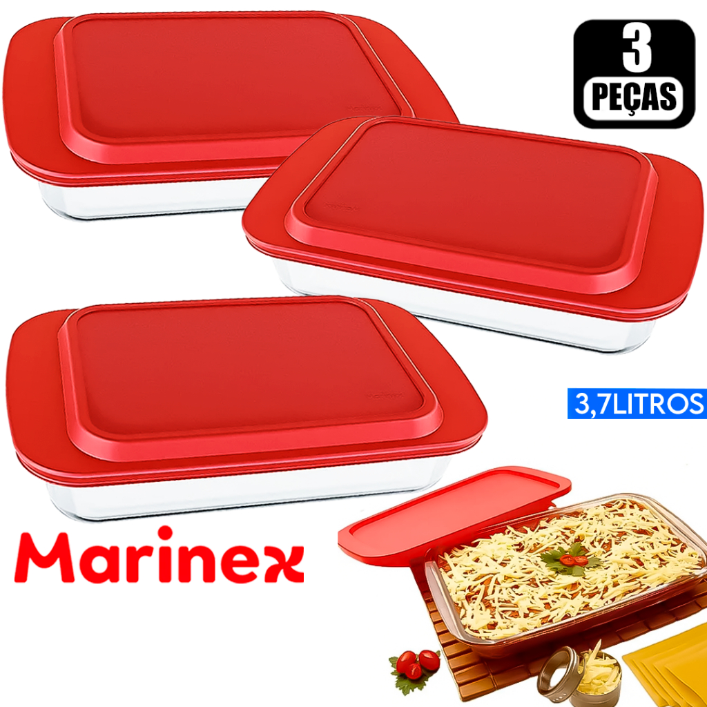 Kit 3 Assadeiras com Tampa Retangular Forma Lasanheira Grande 3,7LT marinex - Nadir Figuei...