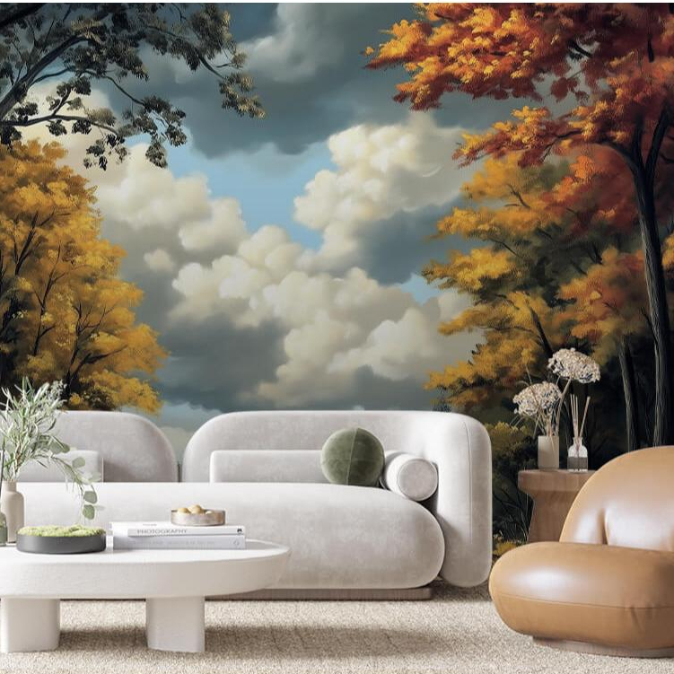 Papel de Parede 3D Papel de Parede Para Sala Caminho Arvores Paisagem Outono Adesivo Lavavel 3D