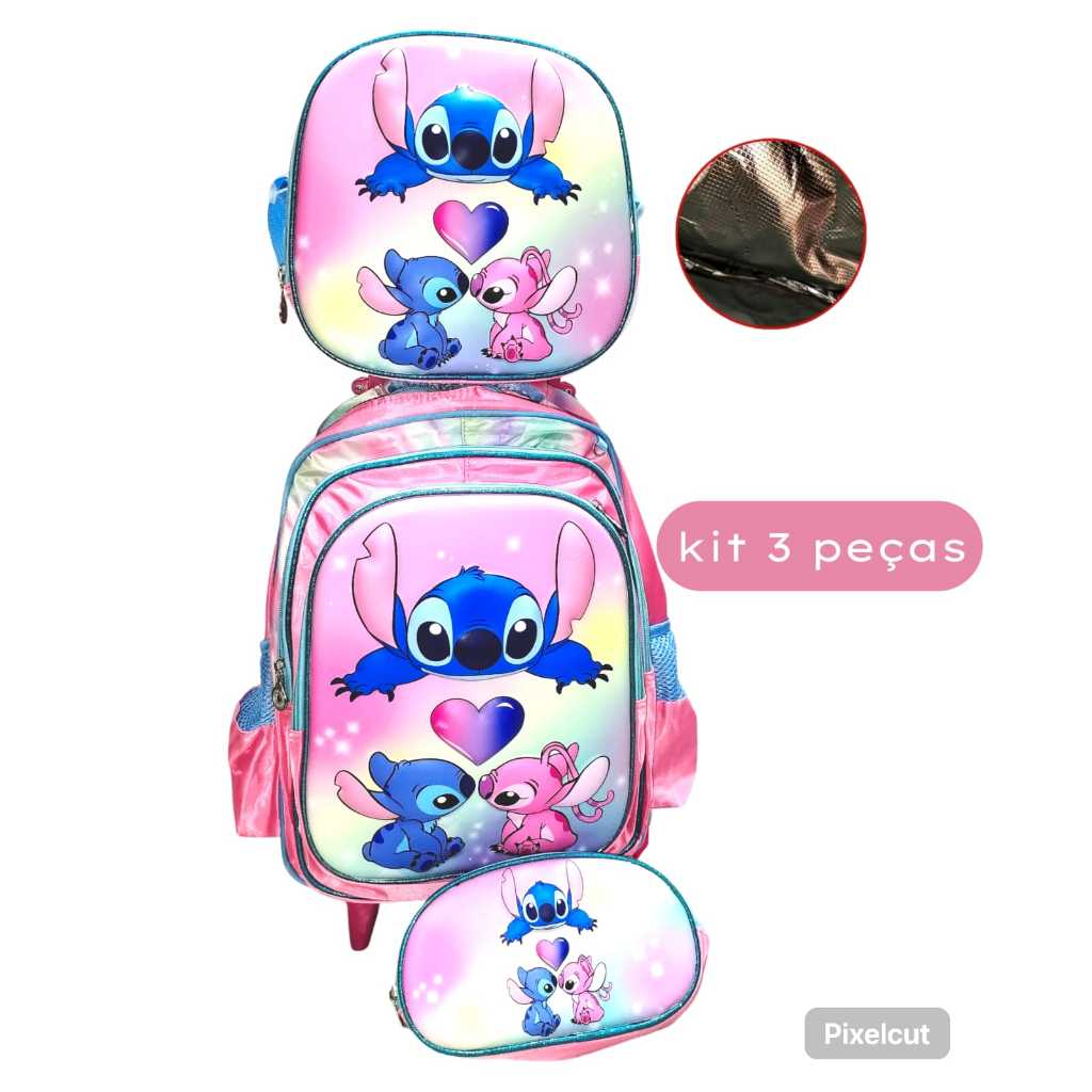 KIT MOCHILA STICH 3D ESCOLAR LANCHEIRA TÉRMICA + ESTOJO GRANDE MENINA IMPORTADA REFORÇADA RODINHA