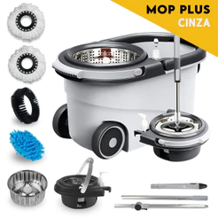 Mop Giratório Com Cesto Em Inox Cinza - Cabo 150cm - Completo - NL