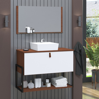 Conjunto Gabinete Banheiro Vegas 80cm MDF + Espelheira + Cuba em Oferta na Shopee