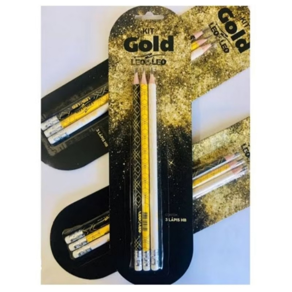Kit com 3 Lápis Preto com borracha Grafite HB Modelo Gold Leo e Leo