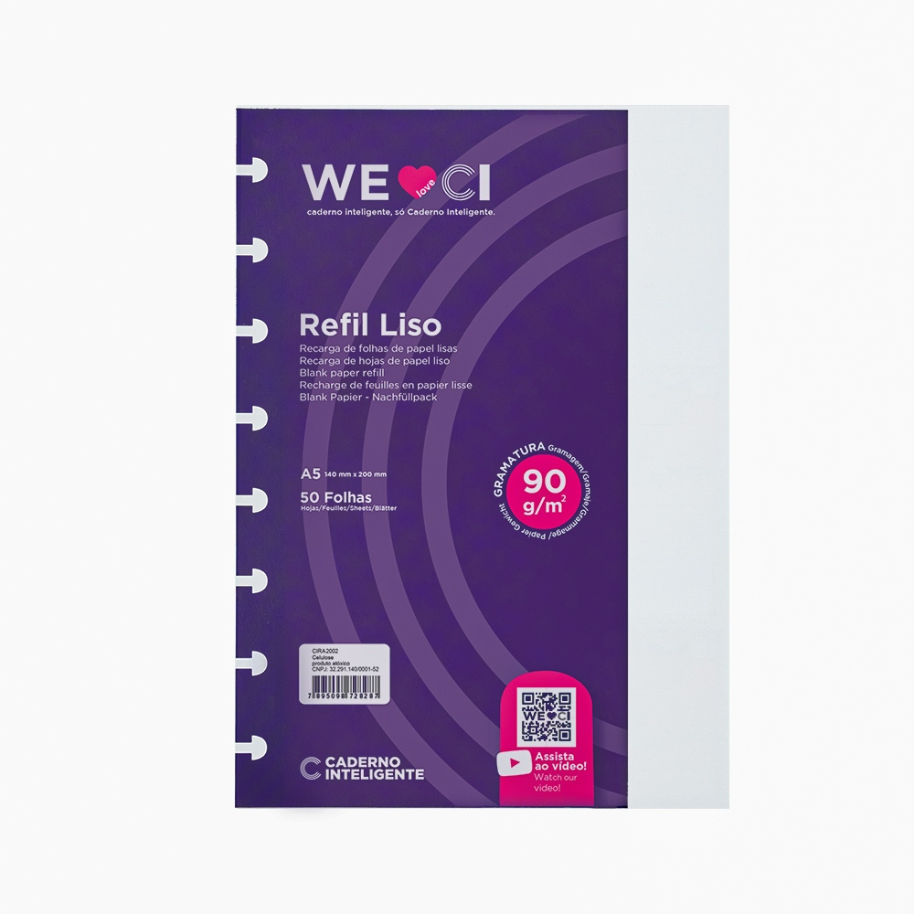 Refil Caderno Inteligente Liso, A5, 50 folhas offset 90g - Stationery