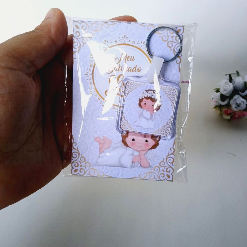 Combo Bloquinho + Chaveiro Batizado Branco -  Lembrancinha -  Personalizado Infantil - comemoração