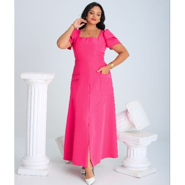 Vestido Feminino Tecido Alfaiataria Premium com Fenda, Bolsos Frontais e Zíper Nas Costas I em Oferta na Shopee