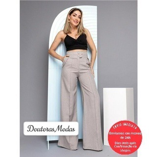 Doutoras Modas Calça Pantalona de Linho Wide Leg Feminino  L8297 em Oferta na Shopee