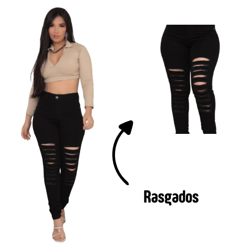Calça Skinny Faraya Jeans Preta Rasgada cintura alta com lycra elastano modela bumbum lançamento