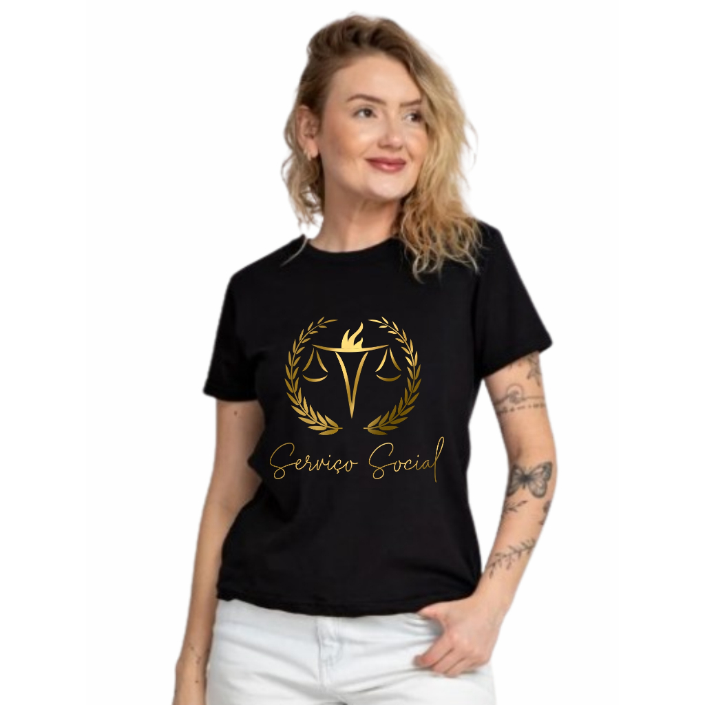 Camiseta Baby Look Estampa Dourada Serviço Social em Oferta na Shopee