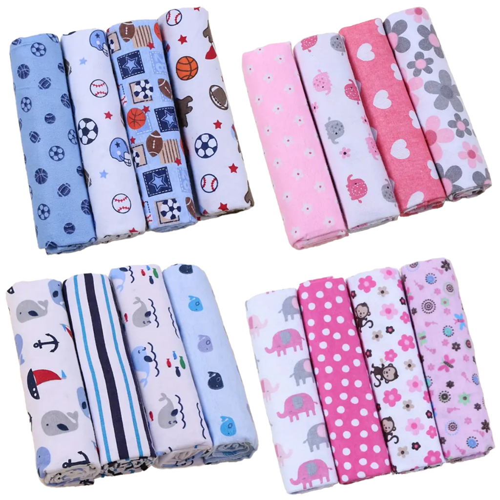 Kit 4 Cueiro para Bebê e Récem-Nascido Manta Flanelado Grande 80cm x 80cm 100% algodão Estampado Super Macio Overloque em Oferta na Shopee