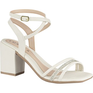 Sandália Feminina Lumiss Salto Grosso Médio Confortável Tiras Strass Brilho Off White em Oferta na Shopee
