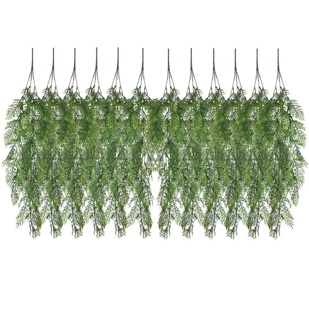 Kit Com 12 Plantas Artificiais Folhagem De Bambu Pendentes Decorativos Para Painel Verde