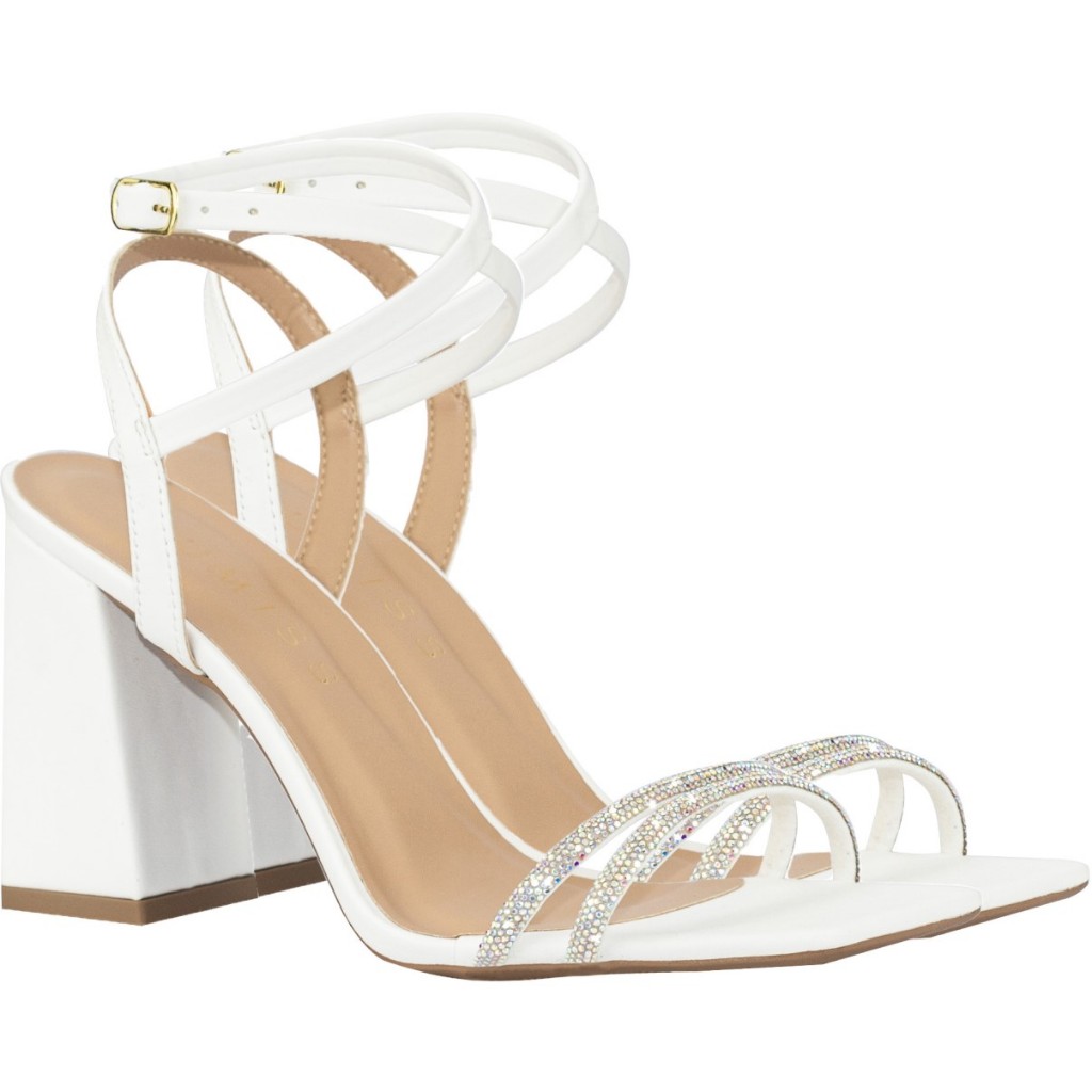 Sandália Feminina Lumiss Tiras Strass Brilho Salto Alto Bloco Grosso Confortável Branco em Oferta na Shopee