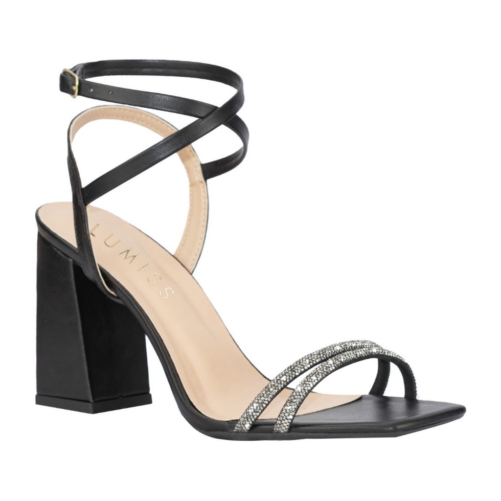 Sandália Feminina Lumiss Tiras Strass Brilho Salto Alto Bloco Grosso Confortável Preto em Oferta na Shopee