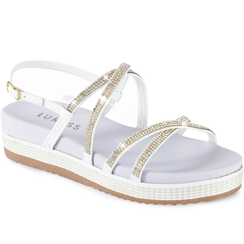 Sandália Papete Feminina Lumiss Flatform Confortável Tiras Strass Brilho Branco - Women Shoes