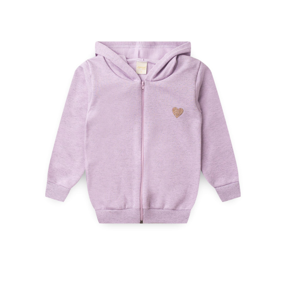 Jaqueta Inverno Menina Com Capuz em Moletom e Aplique Coração