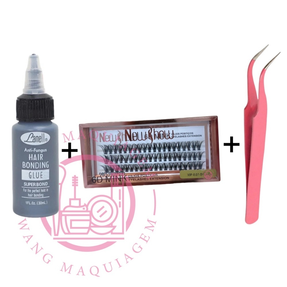 Conjunto de Cola Lanell 30ml + Pinça Vetus + Cílios postiços 6D MINK NEW SHOW - Tufos Sem nó