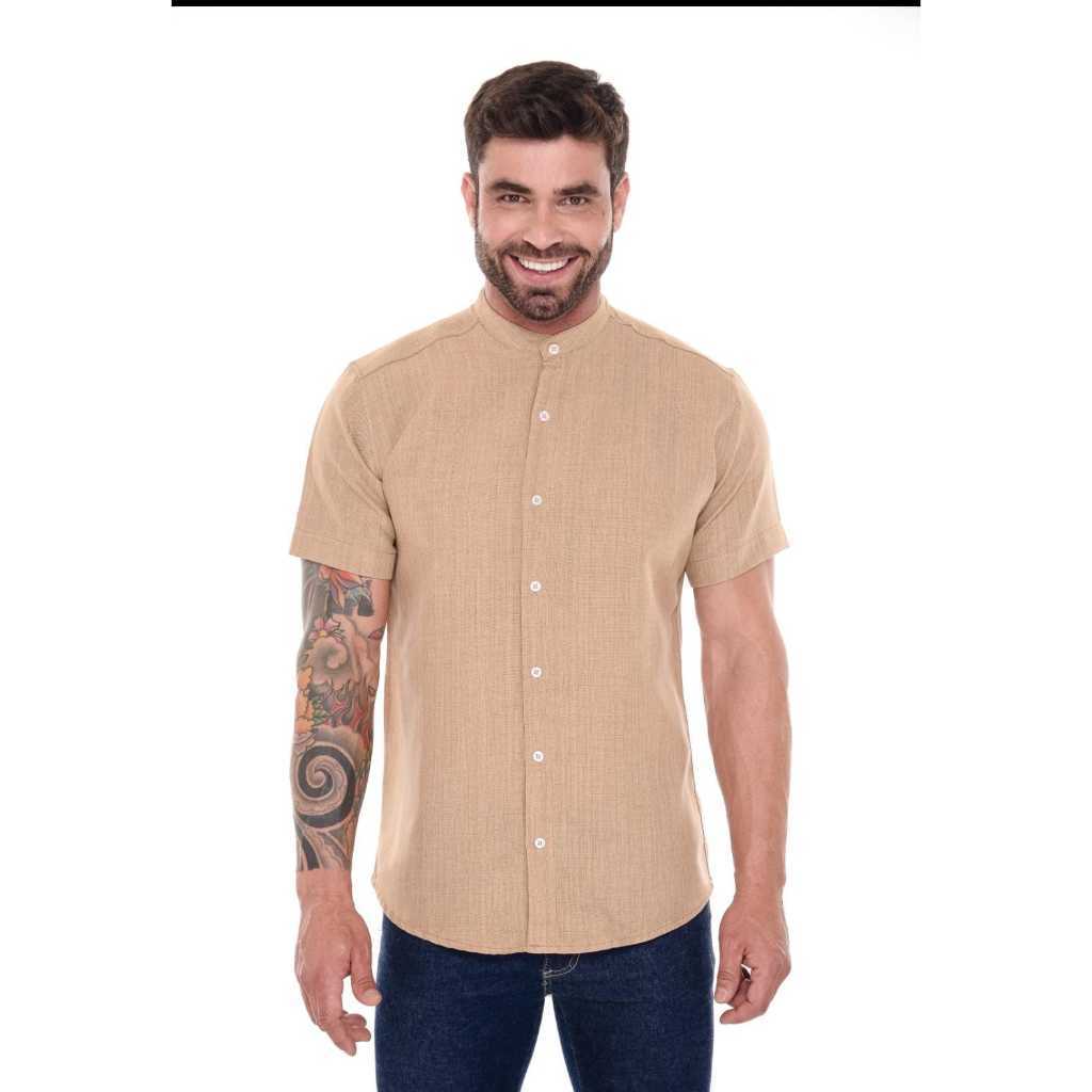 Camisa Masculina Gola Padre Social Casual Linho Algodão Manga Curta Longa Moda Luxo