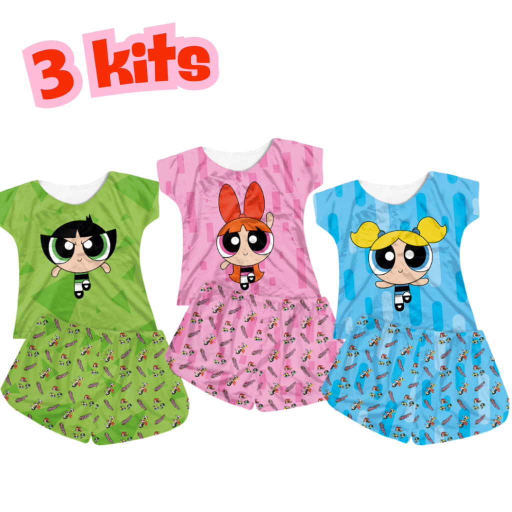 Conjunto com 3 kit Infantil Short e blusa Menina Estampa meninas poderosas em Oferta na Shopee
