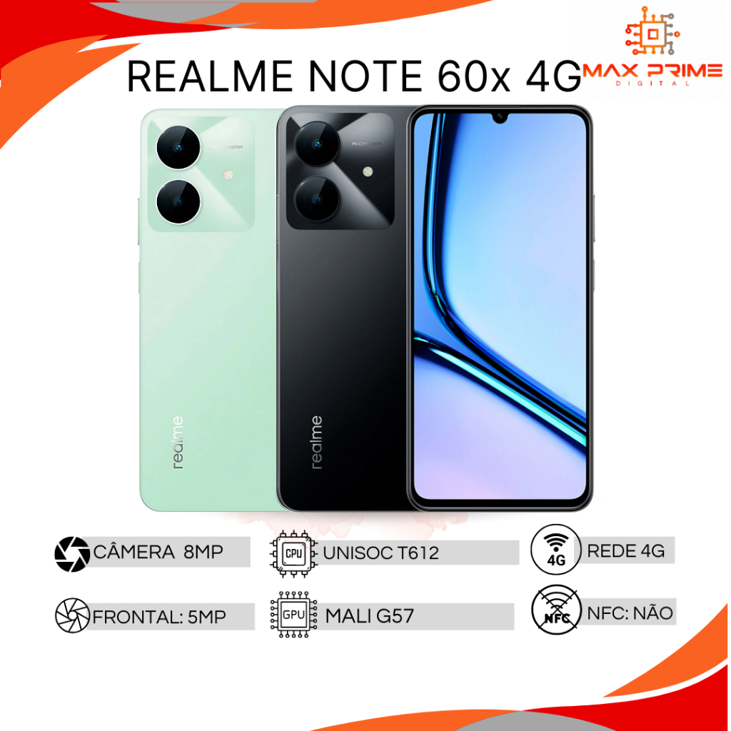 Realme Note 60X 4G, 64GB/3GB RAM, 128GB/4GB RAM Processador Octacore Unisoc T612, Bateria 5000Mah, Versão Global em Oferta na Shopee