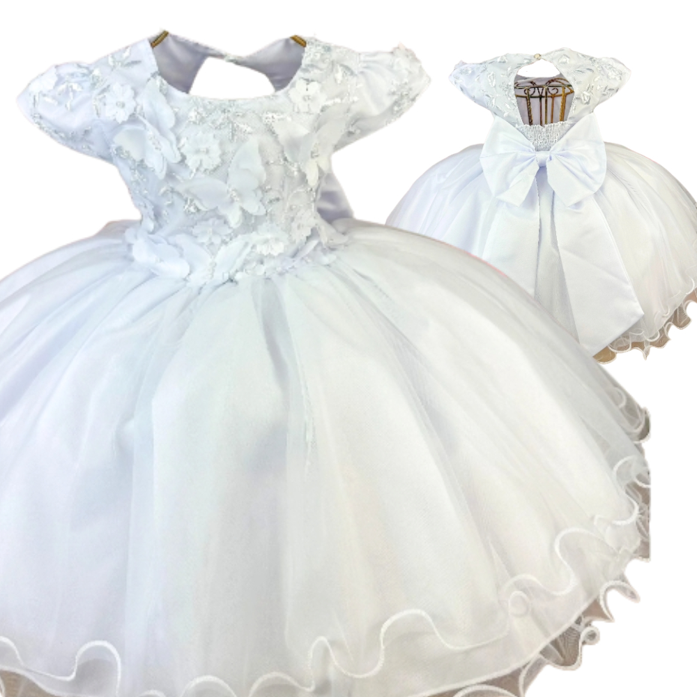 Vestido Luxo Infantil Jardim das Flores Branco com aplique flor noivinha daminha florista batizado formatura casamento