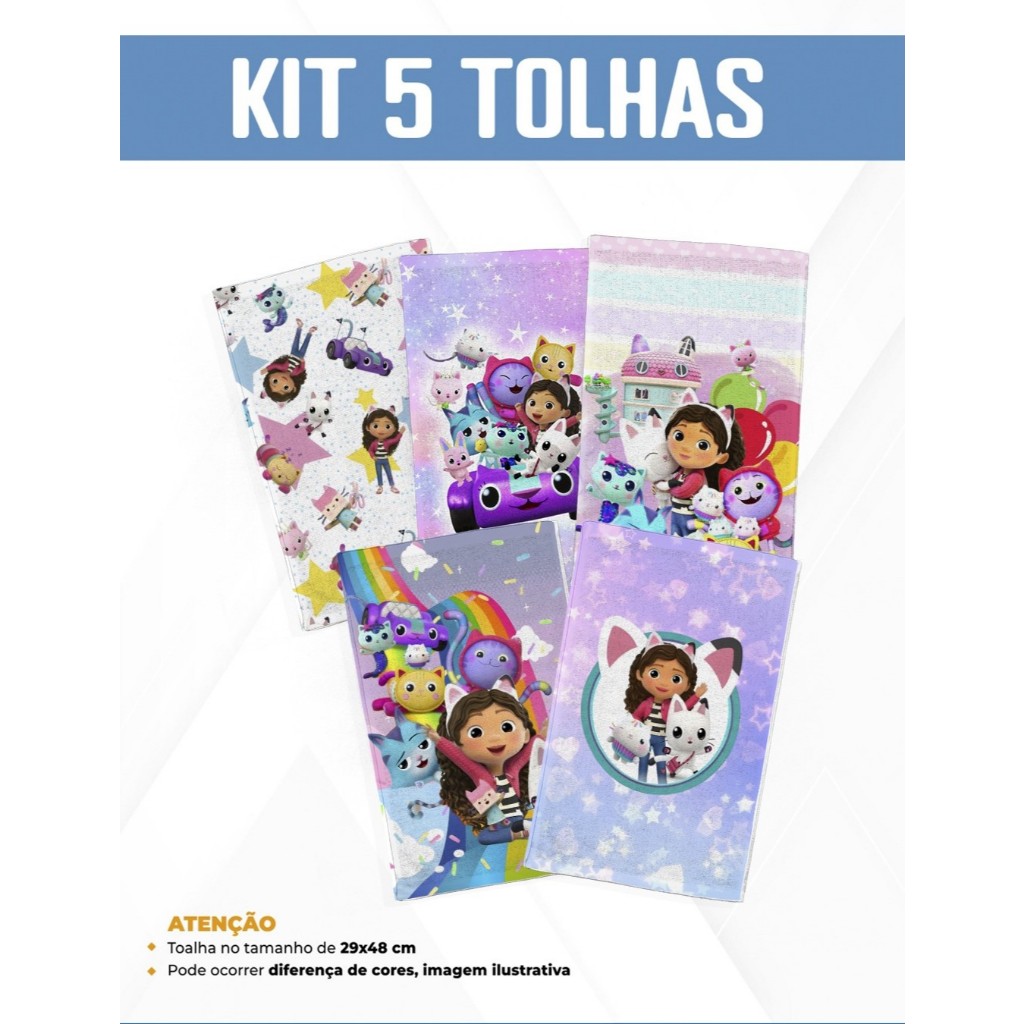 Kit 5 Toalhas de Mão/Boca Toalhinha Escolar Infantil - Gabby - A casa mágica da Gabby