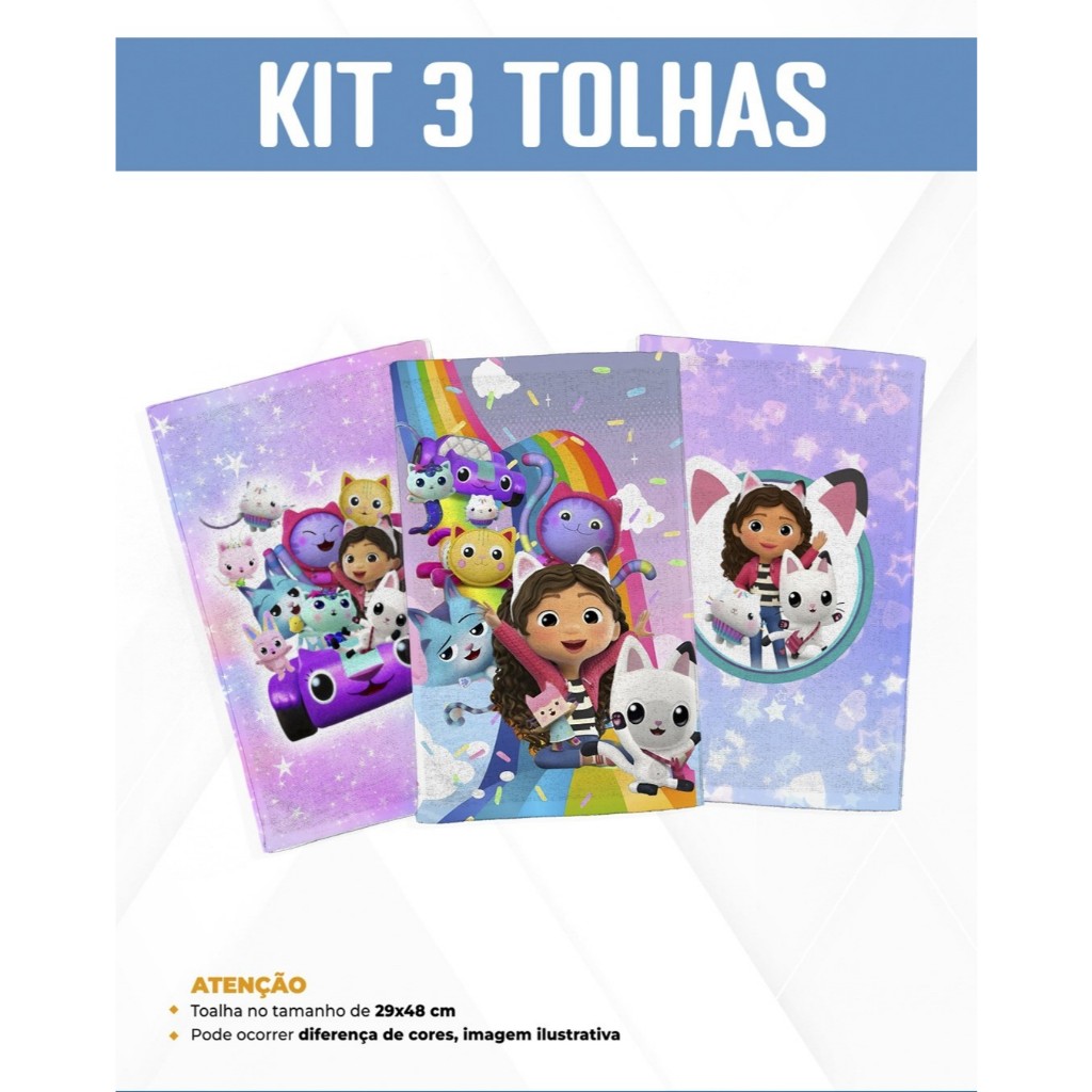 Kit 3 Toalhas de Mão/Boca Toalhinha Escolar Infantil - Gabby - A casa mágica da Gabby