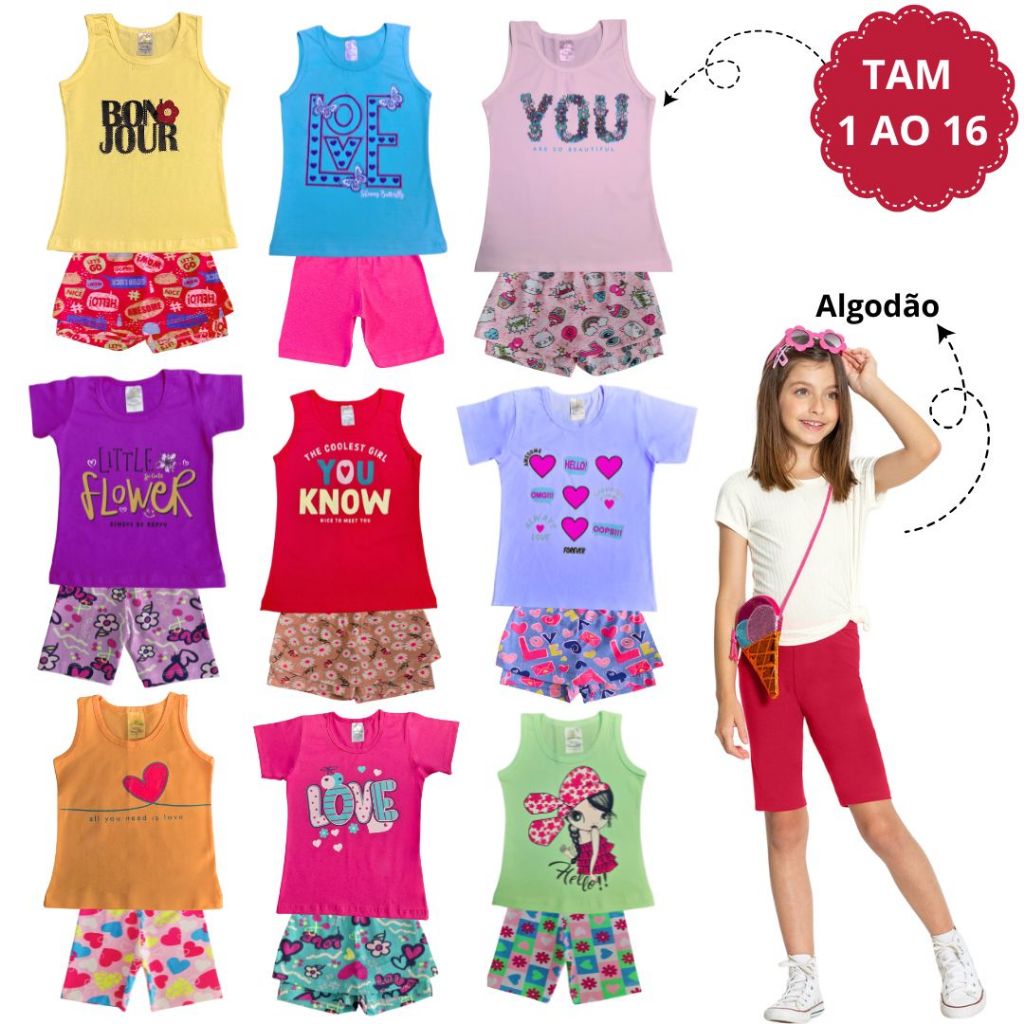 Kit 6 Peças Roupa Infantil Menina Verão 3 Regata e Camiseta 3 Short Conjunto Bêbe Algodão 1 ao 16